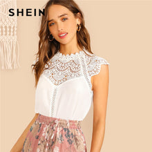 Load image into Gallery viewer, SHEIN Keyhole Back Guipure Lace Mock-Neck Women Blouse Ladies Tops Summer Casual Sleeveless Stand Collar Solid Blouse