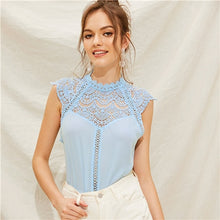 Load image into Gallery viewer, SHEIN Keyhole Back Guipure Lace Mock-Neck Women Blouse Ladies Tops Summer Casual Sleeveless Stand Collar Solid Blouse