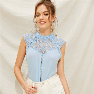 SHEIN Keyhole Back Guipure Lace Mock-Neck Women Blouse Ladies Tops Summer Casual Sleeveless Stand Collar Solid Blouse