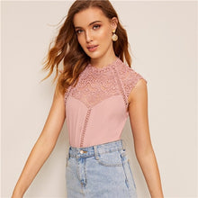 Load image into Gallery viewer, SHEIN Keyhole Back Guipure Lace Mock-Neck Women Blouse Ladies Tops Summer Casual Sleeveless Stand Collar Solid Blouse