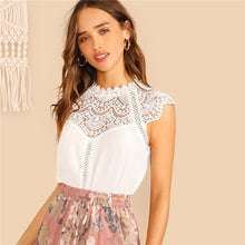 Load image into Gallery viewer, SHEIN Keyhole Back Guipure Lace Mock-Neck Women Blouse Ladies Tops Summer Casual Sleeveless Stand Collar Solid Blouse