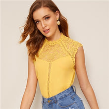 Load image into Gallery viewer, SHEIN Keyhole Back Guipure Lace Mock-Neck Women Blouse Ladies Tops Summer Casual Sleeveless Stand Collar Solid Blouse