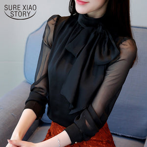 2019 New Summer Fashion Tunic Women Blouse Shirts Long Sleeve Tie Bow Chiffon Turtleneck Formal Women White Black Shirts 0599 30