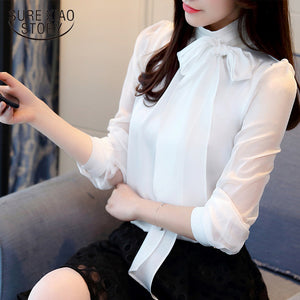 2019 New Summer Fashion Tunic Women Blouse Shirts Long Sleeve Tie Bow Chiffon Turtleneck Formal Women White Black Shirts 0599 30