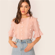 Load image into Gallery viewer, SHEIN Elegant Pink 3D Appliques Ruffle Cuff Top Blouse Women Half Sleeve Round Neck Keyhole Back Summer Boho Tops and Blouses