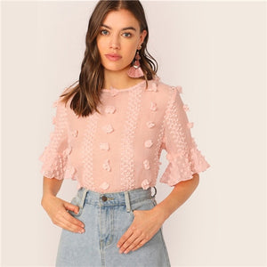 SHEIN Elegant Pink 3D Appliques Ruffle Cuff Top Blouse Women Half Sleeve Round Neck Keyhole Back Summer Boho Tops and Blouses