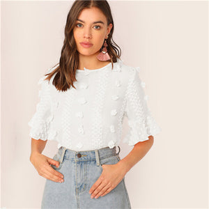 SHEIN Elegant Pink 3D Appliques Ruffle Cuff Top Blouse Women Half Sleeve Round Neck Keyhole Back Summer Boho Tops and Blouses