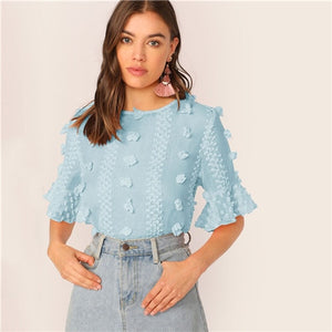 SHEIN Elegant Pink 3D Appliques Ruffle Cuff Top Blouse Women Half Sleeve Round Neck Keyhole Back Summer Boho Tops and Blouses