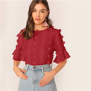 SHEIN Elegant Pink 3D Appliques Ruffle Cuff Top Blouse Women Half Sleeve Round Neck Keyhole Back Summer Boho Tops and Blouses