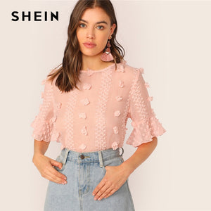 SHEIN Elegant Pink 3D Appliques Ruffle Cuff Top Blouse Women Half Sleeve Round Neck Keyhole Back Summer Boho Tops and Blouses