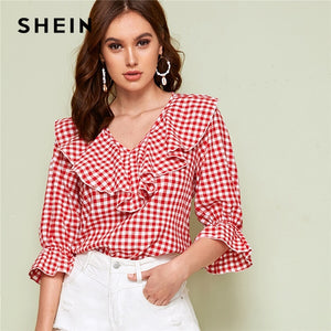 SHEIN Red V Neck Ruffle Trim Gingham Spring Casual Blouse Top Women 2019 Autumn Flounce Sleeve Cute Ladies Blouses And Tops