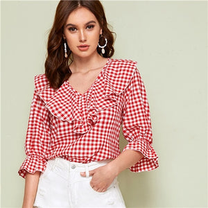 SHEIN Red V Neck Ruffle Trim Gingham Spring Casual Blouse Top Women 2019 Autumn Flounce Sleeve Cute Ladies Blouses And Tops