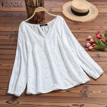 Load image into Gallery viewer, 2019 ZANZEA Women&#39;s Summer Blouse Autumn Long Sleeve Shirts Female V Neck Lace Blusas Plus Size Tunic S-5XL Fashion Hollow Tops