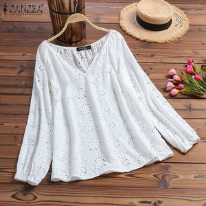 2019 ZANZEA Women's Summer Blouse Autumn Long Sleeve Shirts Female V Neck Lace Blusas Plus Size Tunic S-5XL Fashion Hollow Tops