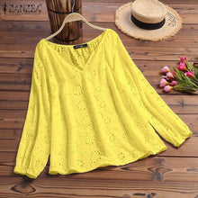 Load image into Gallery viewer, 2019 ZANZEA Women&#39;s Summer Blouse Autumn Long Sleeve Shirts Female V Neck Lace Blusas Plus Size Tunic S-5XL Fashion Hollow Tops