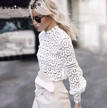 Load image into Gallery viewer, EVERAFTER Elegant white lace blouse shirt women lantern sleeve sexy hollow out embroidery patchwork blouses autumn tops female