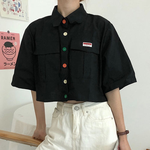 Women's Shirt 2019 Harajuku Short Sleeve Polo Collar Casual Cotton Preppy Top Girls Fashion Letter Embroidery Blusas Femininas