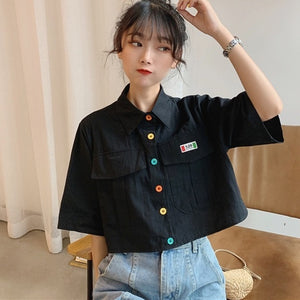 Women's Shirt 2019 Harajuku Short Sleeve Polo Collar Casual Cotton Preppy Top Girls Fashion Letter Embroidery Blusas Femininas