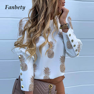 Elegant New Puff shoulder blouse shirts Office Lady Autumn Metal Buttoned Detail Blouses women Pineapple print long sleeve tops