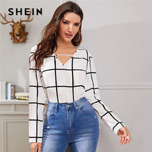 Load image into Gallery viewer, SHEIN White Plaid Print V-Cut Neck Spring Casual Blouse Women Tops 2019 Autumn Korean Long Sleeve Office Laides Blouses And Tops