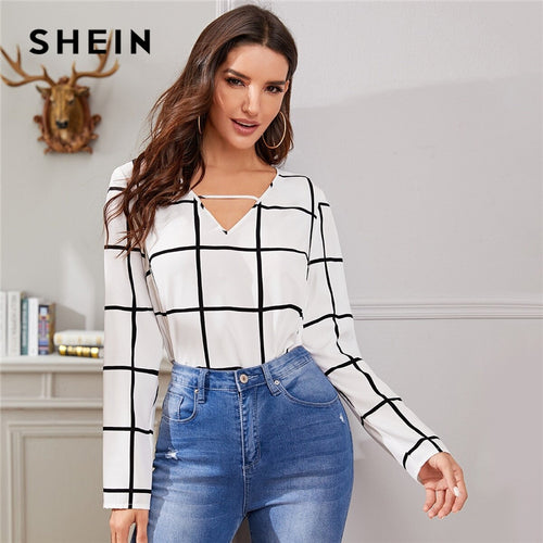 SHEIN White Plaid Print V-Cut Neck Spring Casual Blouse Women Tops 2019 Autumn Korean Long Sleeve Office Laides Blouses And Tops