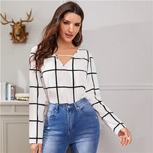 Load image into Gallery viewer, SHEIN White Plaid Print V-Cut Neck Spring Casual Blouse Women Tops 2019 Autumn Korean Long Sleeve Office Laides Blouses And Tops