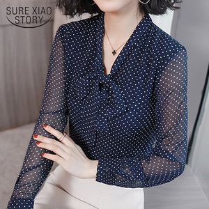 Bow Collar Office Blouse Long Sleeve Women Shirts Fashion Blue Dot Print Chiffon Blouse Shirt Womens Tops and Blouses 1864 50