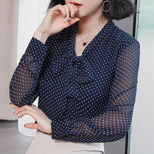 Load image into Gallery viewer, Bow Collar Office Blouse Long Sleeve Women Shirts Fashion Blue Dot Print Chiffon Blouse Shirt Womens Tops and Blouses 1864 50