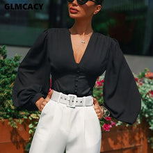 Load image into Gallery viewer, Women Lantern Sleeve Button Down Plunge V-neck Loose Style Top Blouse Solid Chic Spring Fall Elegant Top Shirt