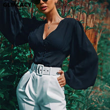 Load image into Gallery viewer, Women Lantern Sleeve Button Down Plunge V-neck Loose Style Top Blouse Solid Chic Spring Fall Elegant Top Shirt