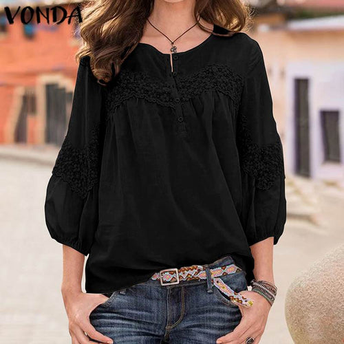 VONDA Tunic Women Tops Bohemian Beach Shirts 2019 Spring Vintage Casual Loose Blouse Office Ladies Sexy Party Tops Plus Size