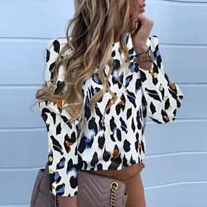 Elegant New Puff shoulder blouse shirts Office Lady Autumn Metal Buttoned Detail Blouses women Pineapple print long sleeve tops