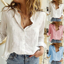 Load image into Gallery viewer, Womens Blouses Spring Autumn Tops Leisure White Shirts Button V Neck Cardigan Top Loose Long Sleeve Cotton Linen Shirt Blusas