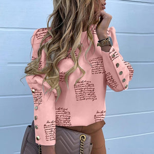 Elegant New Puff shoulder blouse shirts Office Lady Autumn Metal Buttoned Detail Blouses women Pineapple print long sleeve tops