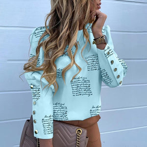 Elegant New Puff shoulder blouse shirts Office Lady Autumn Metal Buttoned Detail Blouses women Pineapple print long sleeve tops