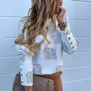 Elegant New Puff shoulder blouse shirts Office Lady Autumn Metal Buttoned Detail Blouses women Pineapple print long sleeve tops