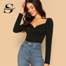 Load image into Gallery viewer, Sheinside Elegant Blouses Women Zip Back Puff Sleeve Form Fitted Wrap Sweetheart Top Female Long Sleeve Blouse Shirt