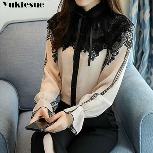 2019 new women tops fashion long sleeved blouses stand chiffon lace patchwork shirts office lady flare sleeve blouses Plus size