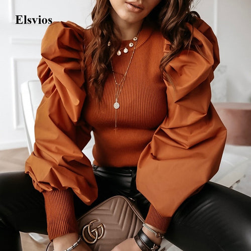 Elegant Autumn Puff Long Sleeve Shirt Blouse Spring Women Rib Knitted Pullover Tops Solid Female Buttons Streetwear Blusas Mujer