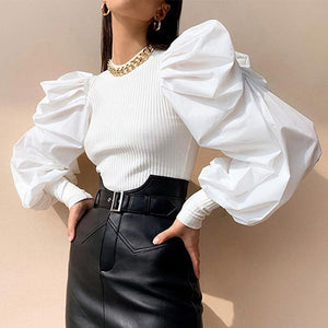 Elegant Autumn Puff Long Sleeve Shirt Blouse Spring Women Rib Knitted Pullover Tops Solid Female Buttons Streetwear Blusas Mujer