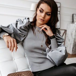 Elegant Autumn Puff Long Sleeve Shirt Blouse Spring Women Rib Knitted Pullover Tops Solid Female Buttons Streetwear Blusas Mujer