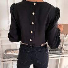 Load image into Gallery viewer, Spring Autumn O Neck White Blouse Shirts Elegant Office Lady Back Metal Buttons Blouses Casual Women Long Sleeve Blusa Tops 3XL