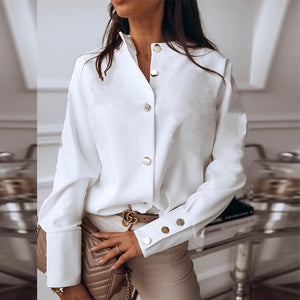 Spring Autumn O Neck White Blouse Shirts Elegant Office Lady Back Metal Buttons Blouses Casual Women Long Sleeve Blusa Tops 3XL