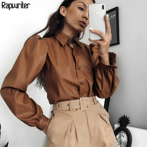 Rapwriter Casual Women Turn-down Collar Long Puff Sleeve Faux Leather Blouse 2019 Streetwear Autumn Ladies Retro Tops Buttons