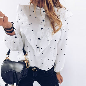 Lady Autumn Long Sleeve Polka Dot Ruffle Blouse Shirt Elegant Casual O Neck Buttons Pullover Women 2020 Spring streetwear Tops