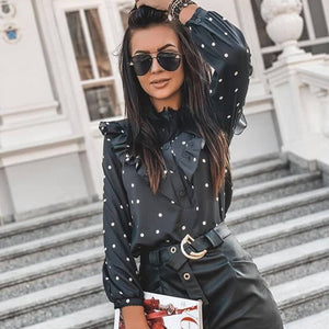 Lady Autumn Long Sleeve Polka Dot Ruffle Blouse Shirt Elegant Casual O Neck Buttons Pullover Women 2020 Spring streetwear Tops