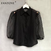 Load image into Gallery viewer, Fantoye Spring New Women Chiffon Blouse Shirt Sexy Transparent Mesh Beading Puff Sleeve Female office Shirts Lady Blusa Outfits