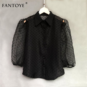 Fantoye Spring New Women Chiffon Blouse Shirt Sexy Transparent Mesh Beading Puff Sleeve Female office Shirts Lady Blusa Outfits