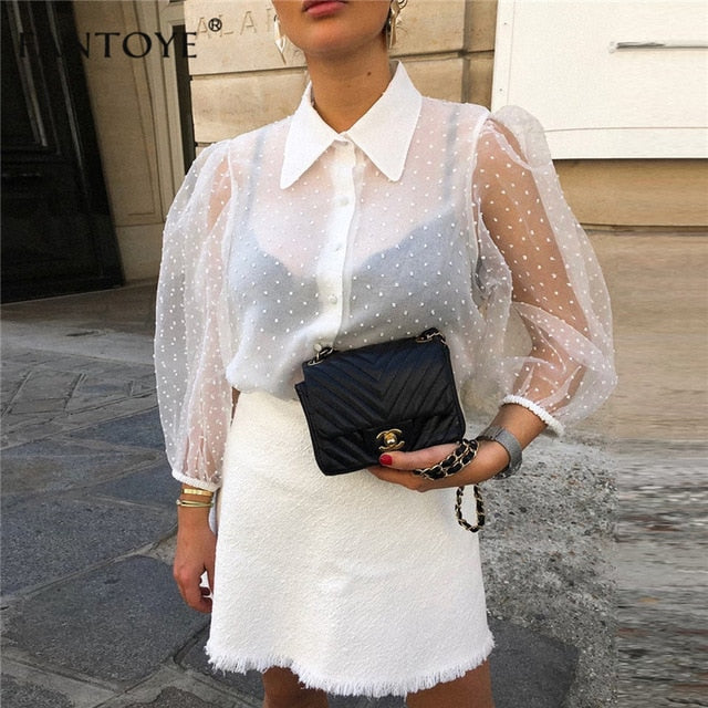 Fantoye Spring New Women Chiffon Blouse Shirt Sexy Transparent Mesh Beading Puff Sleeve Female office Shirts Lady Blusa Outfits