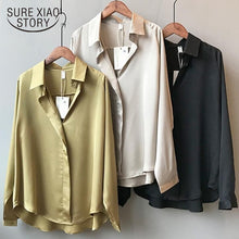 Load image into Gallery viewer, 2019 Spring Women Fashion Long Sleeves Satin Blouse Vintage Femme V Neck Street Shirts Elegant Imitation Silk Blouse 5273 50